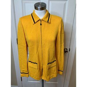 St. John Collection Dark Yellow Knit Zip-Up Jacket W/ Navy Blue Trim, Size 4